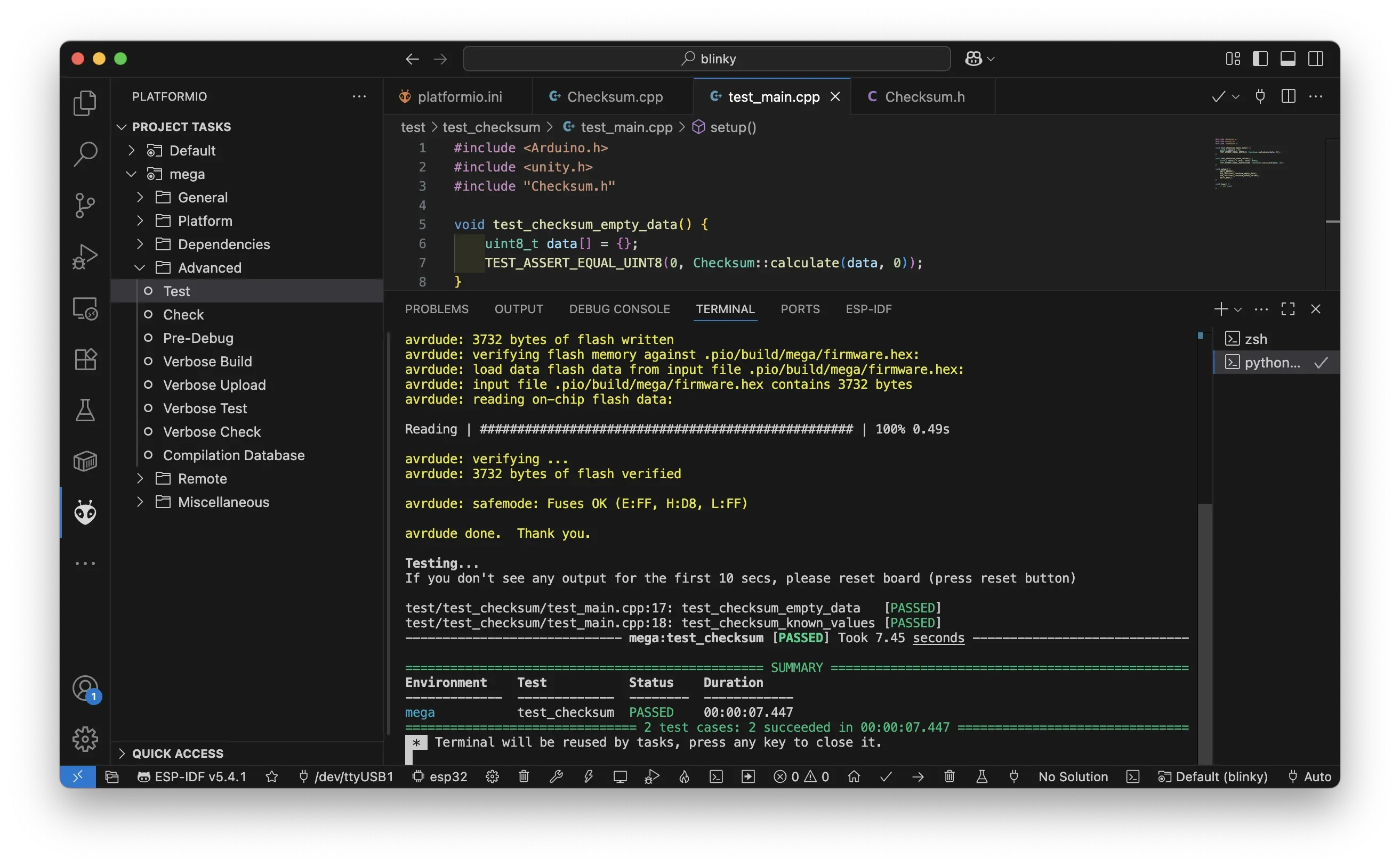 PlatformIO Uint Test Result