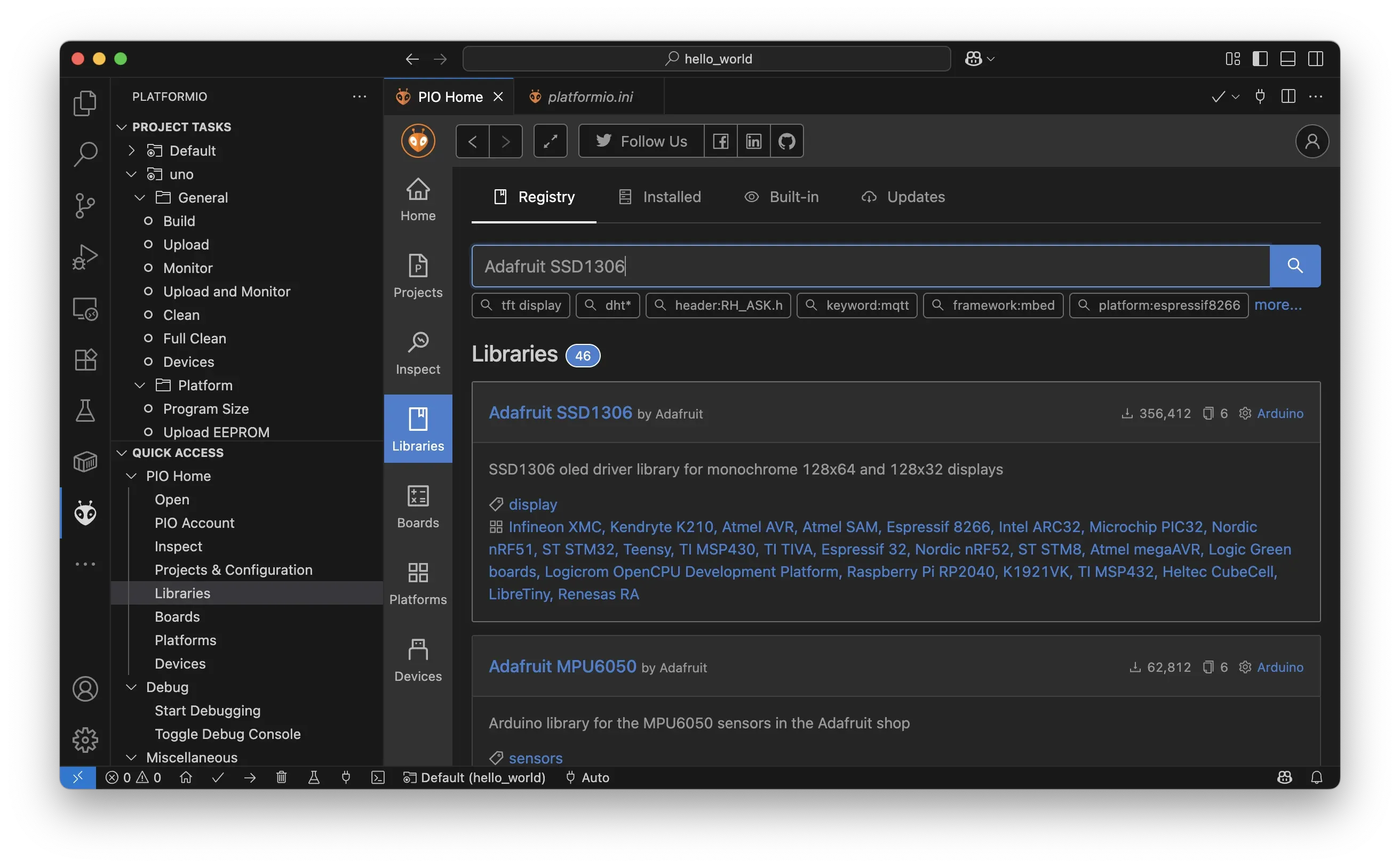 Search for library in platformIO