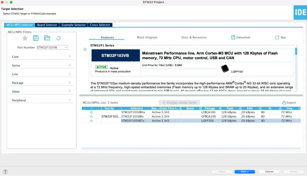  selecting target stm32 chip in target selector 